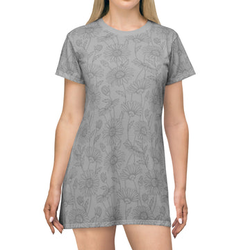 T-Shirt Dress foe Women, Grey Flower Theme