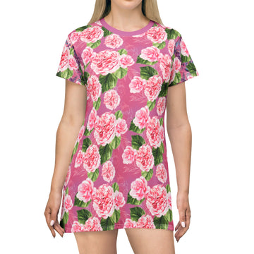 T-Shirt Dress for Women, Pink & Green Flower Theme