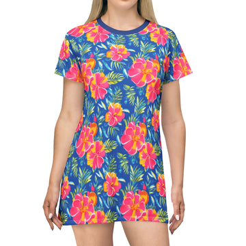 T-Shirt Dress for Women, Blue & Pink Flower Theme design