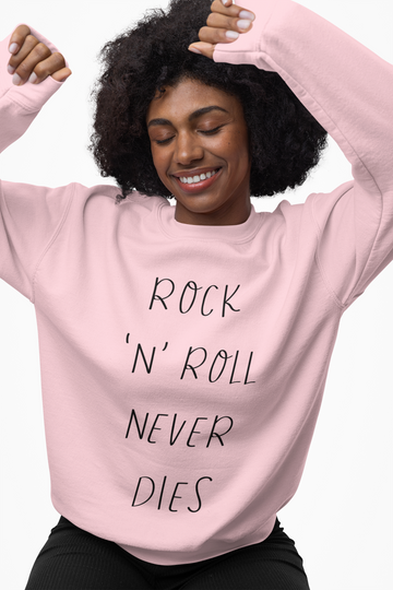 Heavy Blend Crewneck Sweatshirt, Rock 'N' Roll Never Dies sweatshirt, Music lover design, rock and roll lover